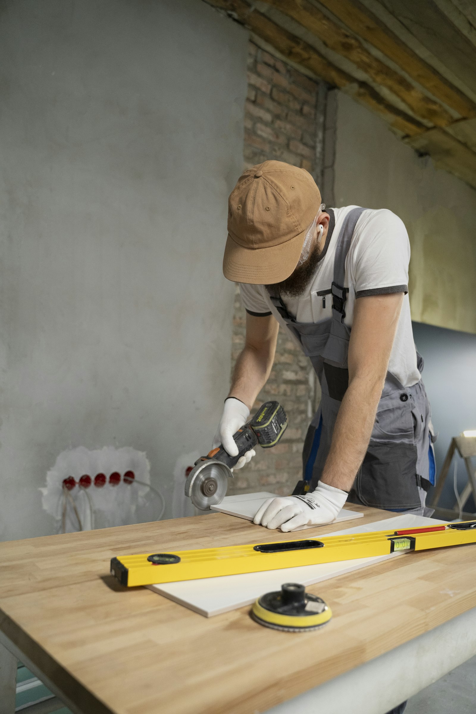 Handwerker bei Sanierungsarbeiten in einem Innenraum